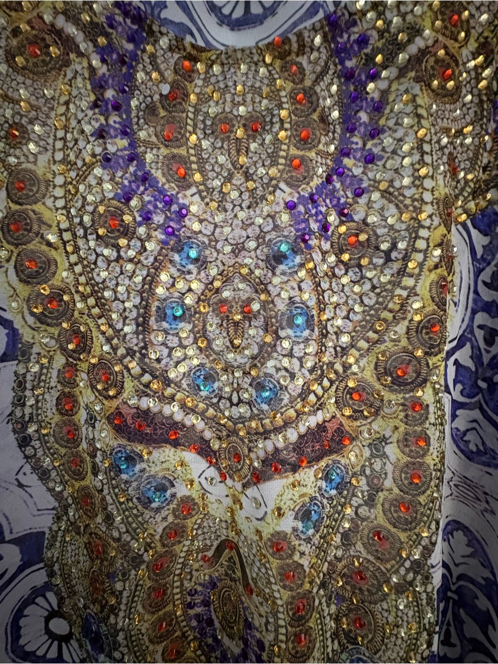 Embellished Boho Kaftan Tunic - White & Purple O/S